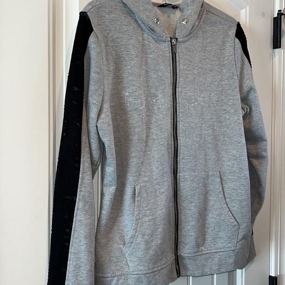 GRAY Bebe Sport zip hoodie silver sparkly rhinestone BEBE Distressed sleeve Med - Picture 2 of 14